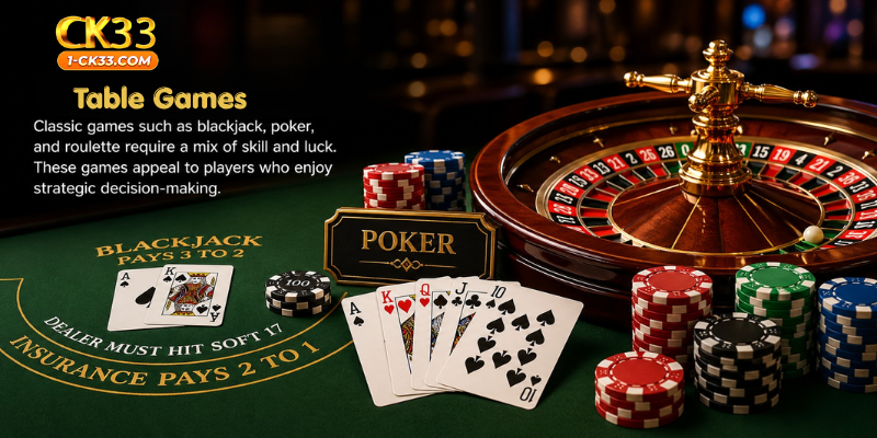 Classic games such as blackjack, poker, and roulette require a mix of skill and luck.